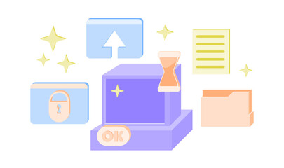 Retro user interface elements. Colorful stickers with folder, document, monitor, upload and authorization page. Design for websites, applications. Cartoon flat vector set isolated on white background