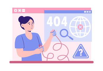 Server unavailable concept. Woman holds plug and socket in her hands. Warning poster error 404. Technical work underway or site blocked. Connection terminated. Cartoon flat vector illustration