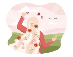 Girl with flowers in hair concept. Blonde woman with beautiful hairstyle and accessories in form of natural plants. Romantic female character admires landscape. Cartoon flat vector illustration