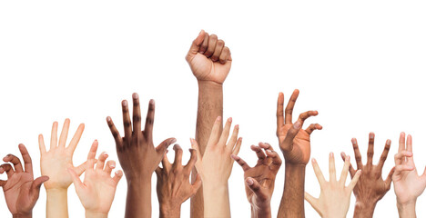 Motivated millennial multinational group of people raise hands up, isolated on white background