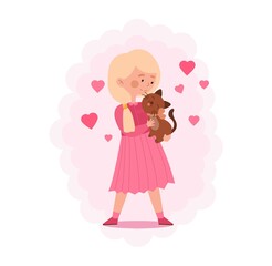Little blonde girl with pretty cat concept. Child in pink dress holds cute fluffy kitten in her hands. Female character loves animals and takes care of them. Cartoon modern flat vector illustration