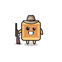 wooden box hunter mascot holding a gun