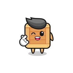 wooden box character doing Korean finger heart