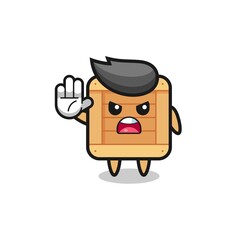wooden box character doing stop gesture