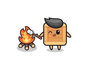 wooden box character is burning marshmallow