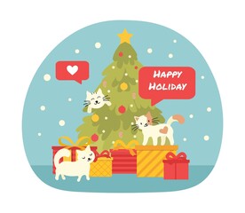 Happy Cats Christmas card. Colorful poster with fluffy kittens, Christmas tree, gift boxes and inscriptions. Design element for greeting cards and social network. Cartoon flat vector illustration