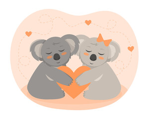 Koala bears hugging concept. Cute wild animals holding big red heart. Loving furry couple or family. Design element for postcard or fabric print. Tenderness and care. Cartoon flat vector illustration