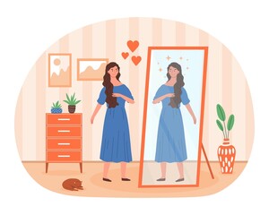 Obraz premium Self image abstract concept. Woman looks at reflection in mirror. Metaphor for positive personality traits, mental development, self love and individual psychology. Cartoon flat vector illustration
