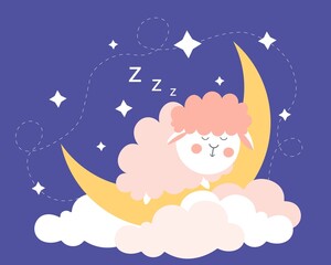 Sheep sleeping on moon concept. Cute little lamb lies on crescent moon and dreams. Design element for postcards and printing on children clothing. Cartoon contemporary flat vector illustration
