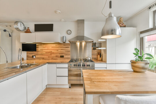 Kitchen counter near table in apartment