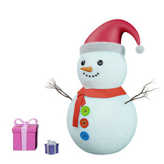 Snowman and gift boxes, 3d rendering. 3d Snowman in Santa Claus hat, isolated on a white background