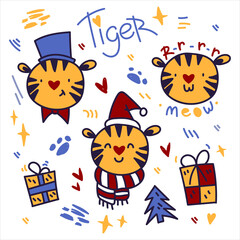 Christmas set with tigers in children's doodle style. Vector colored icons of cats in hats, with gifts, paws, lettering. Yellow, red, blue isolated on white background.