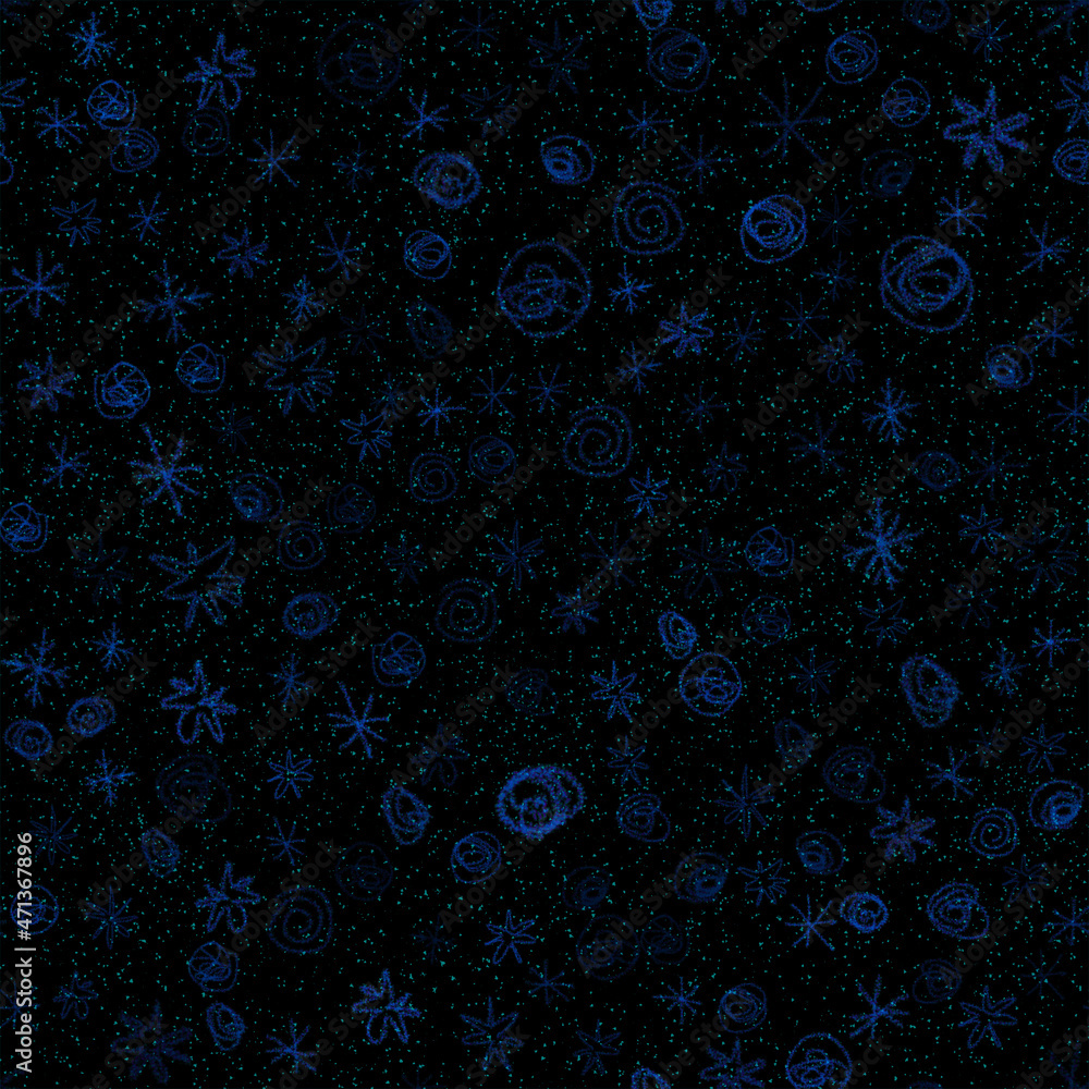 Wall mural hand drawn snowflakes christmas seamless pattern. subtle flying snow flakes on chalk snowflakes back