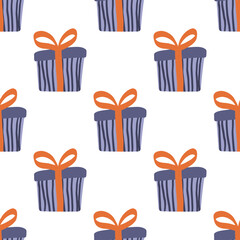 Gift boxes, presents seamless pattern vector icon set. Hand drawn doodle collection isolated on white. Colorful wrapped paper textile. Sale shopping concept. Birthday Christmas. Cartoon flat design.