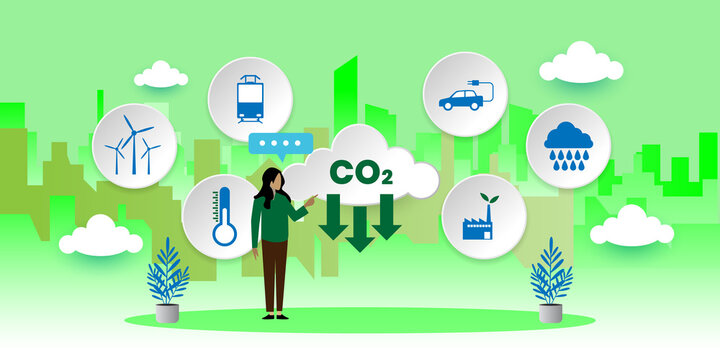 CO2 carbon dioxide emissions global air climate pollution outline concept With icons. Cartoon Vector People Illustration