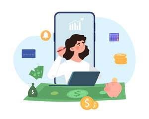 Concept of financial idea. Girl standing with tablet in her hands, trying to come up with project. Search for solutions. Analyst evaluates financial prospects of company. Cartoon vector illustration