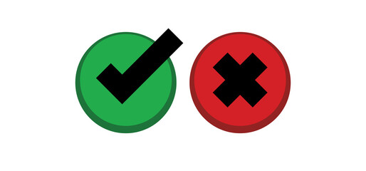 Check mark choice icons. Tick and x, confirm and deny circle icon button. Checkbox button for choose, circle answer box for checklist, approval sign.