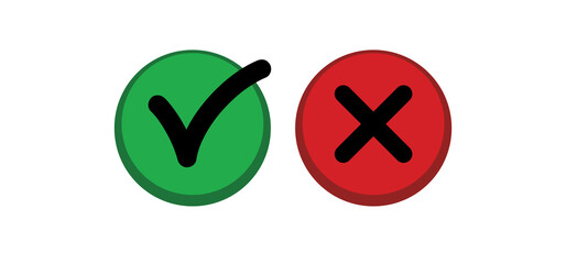 Check mark choice icons. Tick and x, confirm and deny circle icon button. Checkbox button for choose, circle answer box for checklist, approval sign.