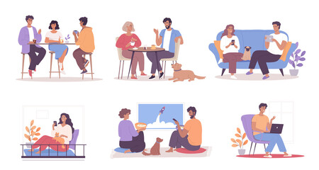 Different people have greet time at coffee shop with friends, resting at home on a couch, working remotely, watching movies