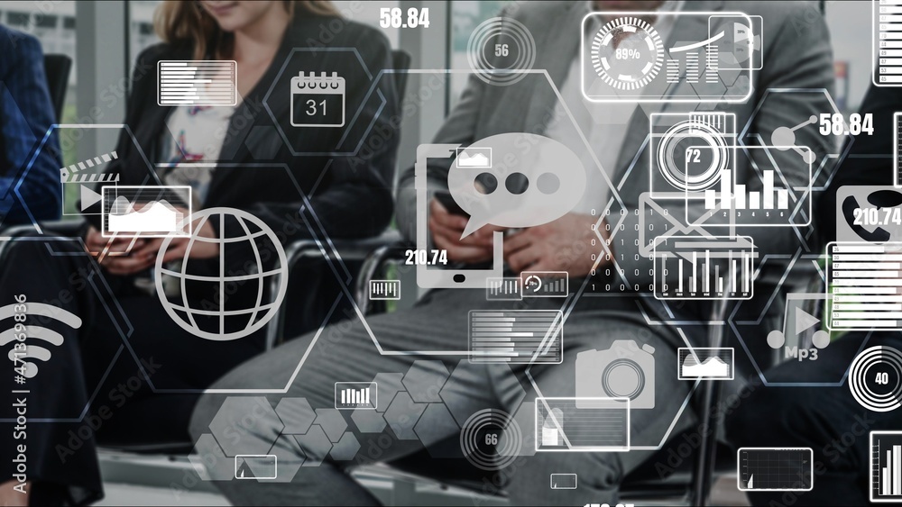 Poster multimedia and computer applications conceptual . business people using technology of digital gadget