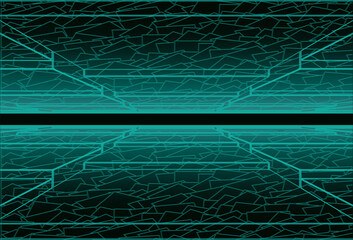 Tunnel with stepped floor and ceiling and with green neon lighting