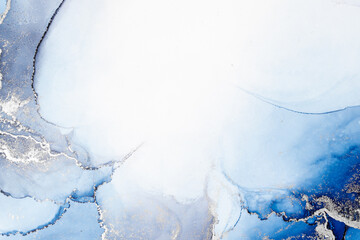 Blue silver abstract background of marble liquid ink art painting on paper . Image of original artwork watercolor alcohol ink paint on high quality paper texture .