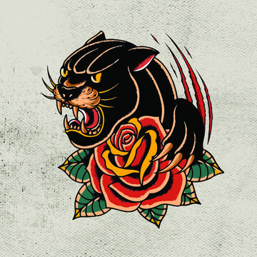 head black panther with red rose flower tattoo design Stock Vector | Adobe  Stock