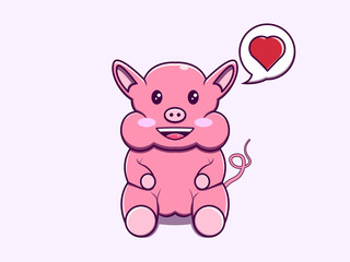 Cute pig and love chat bubble character vector icon illustration. Isolated flat design.