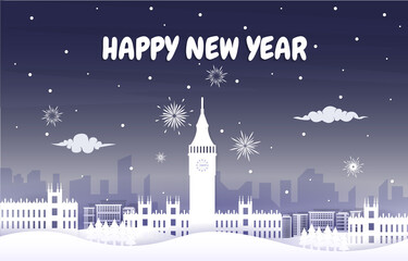 Naklejka premium London Fireworks City Building Winter New Year Paper Cut Illustration