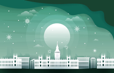 London Fireworks City Building Winter New Year Paper Cut Illustration