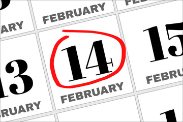 February 14. 14th day of the month, calendar date. Winter month, day of the year concept