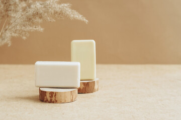 Bars of soap made from natural raw materials beige background. Organic cosmetics Spa health concept...