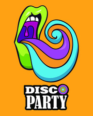 yellow disco poster with open mouth with colorful tongue. Design for musical event, poster, clothing print,sticker, postcard