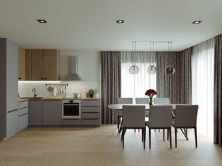 3d render of a studio kitchen in pastel colors. 