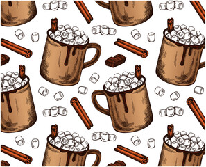 Sketch drawing colorful pattern of hot cocoa with marshmallows and cinnamon isolated on white background. Line art hand drawn hot chocolate wallpaper. Christmas menu, winter drink. Vector illustration - 471373233