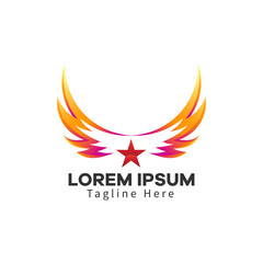 Colorful wings logo with a star. Abstract design template Wings Logo. Wings icon. The modern wings logo is fits to the flying or freedom concept.