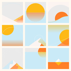 Minimal summer sun and mountain nature landscape geometric background vector collection