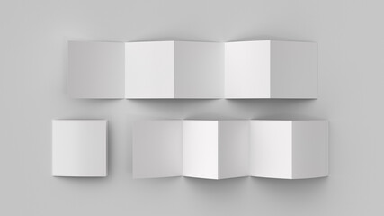 Square pages accordion or zigzag fold brochure mock up on white background. Five panels, ten pages leaflet