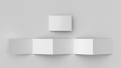 Horizontal pages accordion or zigzag fold brochure mock up on white background. Five panels, ten pages leaflet