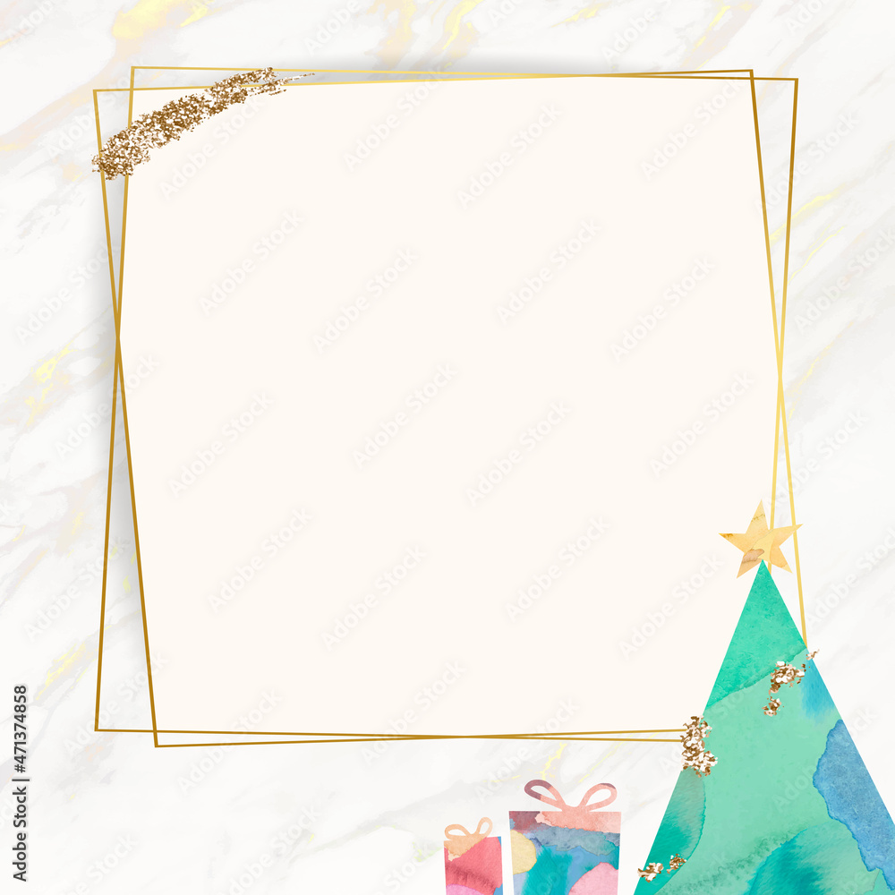 Poster gold frame with christmas tree pattern background vector