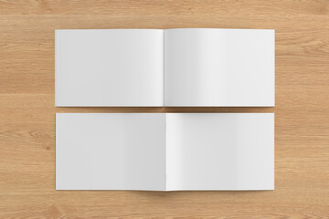 Horizontal brochure or booklet mock up on wooden background.