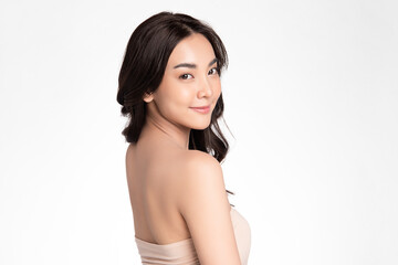Obraz premium Beautiful young asian woman with clean fresh skin on white background, Face care, Facial treatment, Cosmetology, beauty and spa, Asian women portrait.