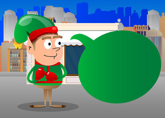 Christmas Elf holding his fists in front of him ready to fight wearing boxing gloves. Vector cartoon character illustration of Santa Claus's little worker, helper.