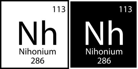 Nihonium symbol. Periodic element icon. Mendeleev table. White and black. Flat symbol. Vector illustration. Stock image.