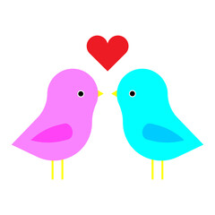 Two birds with heart. That love. Colored animals. Blue and pink. Romantic background. Vector illustration. Stock image. 