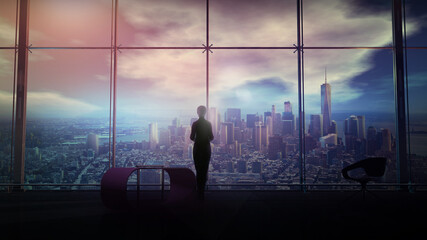 A businesswoman looks through the panoramic window at the cityscape, 3D render.