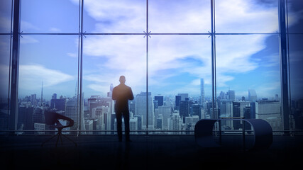 Fototapeta premium At the office window, a man looks at city buildings from above, 3D render.