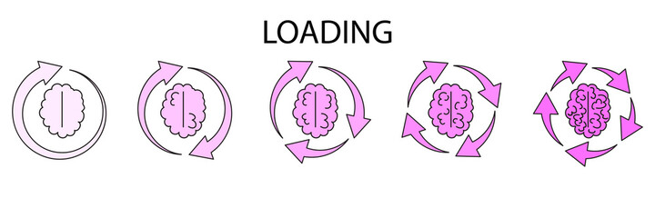 Brain loading icon. Arrow sign. Pink symbols. Creative idea. Cartoon art design. Vector illustration. Stock image.