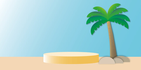 Fototapeta premium Blue product background stand or podium pedestal with light and coconut tree on empty display with pastel backdrop, Holiday or summer concept. copy space. illustration of 3d paper cut design style.