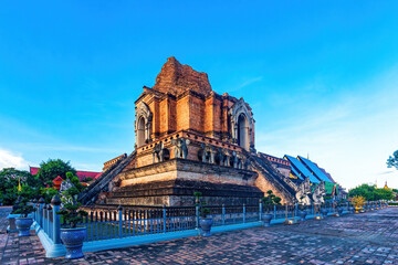 Chedi Luang Varavihara temple with ancient large pagoda is 700 years in Chiang Mai, Thailand.